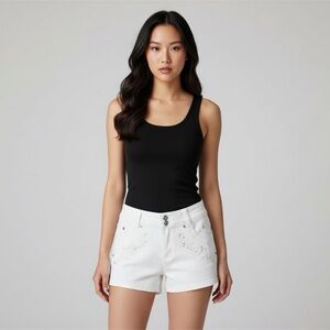 White Embroidered Jean Shorts